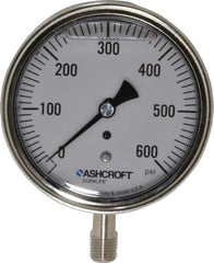 Ashcroft - 3-1/2" Dial, 1/4 Thread, 0-600 Scale Range, Pressure Gauge - Lower Connection Mount, Accurate to 1% of Scale - Exact Tool & Supply
