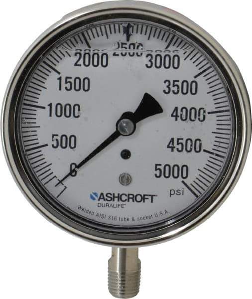 Ashcroft - 3-1/2" Dial, 1/4 Thread, 0-5,000 Scale Range, Pressure Gauge - Lower Connection Mount, Accurate to 1% of Scale - Exact Tool & Supply