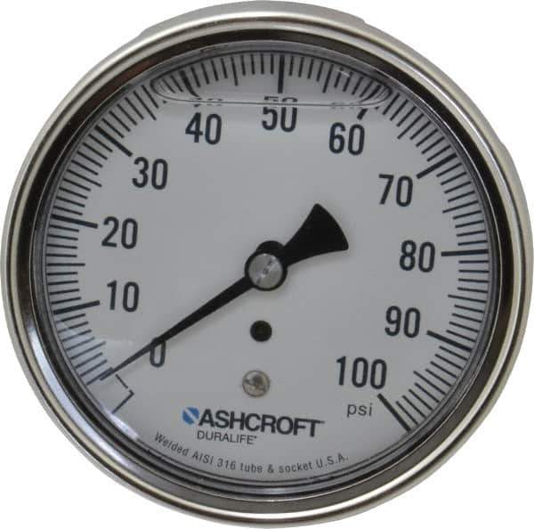 Ashcroft - 3-1/2" Dial, 1/4 Thread, 0-100 Scale Range, Pressure Gauge - Center Back Connection Mount, Accurate to 1% of Scale - Exact Tool & Supply