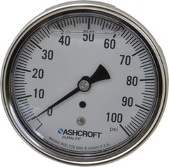 Ashcroft - 3-1/2" Dial, 1/4 Thread, 0-100 Scale Range, Pressure Gauge - Center Back Connection Mount, Accurate to 1% of Scale - Exact Tool & Supply