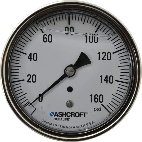 Ashcroft - 3-1/2" Dial, 1/4 Thread, 0-160 Scale Range, Pressure Gauge - Center Back Connection Mount, Accurate to 1% of Scale - Exact Tool & Supply