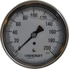 Ashcroft - 3-1/2" Dial, 1/4 Thread, 0-200 Scale Range, Pressure Gauge - Center Back Connection Mount, Accurate to 1% of Scale - Exact Tool & Supply