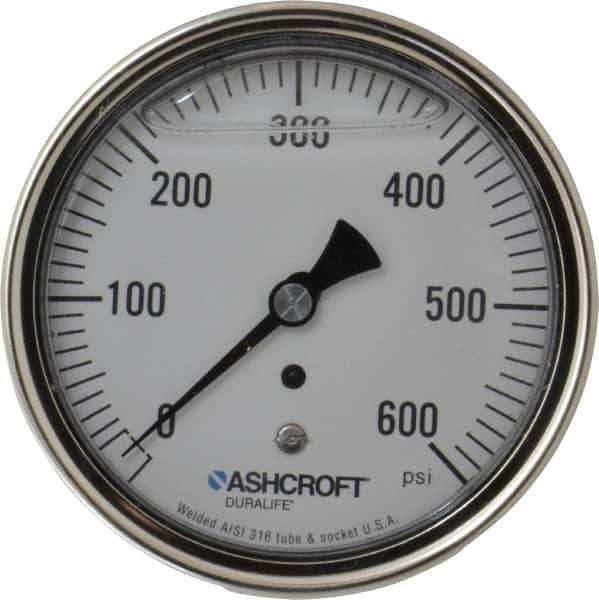 Ashcroft - 3-1/2" Dial, 1/4 Thread, 0-600 Scale Range, Pressure Gauge - Center Back Connection Mount, Accurate to 1% of Scale - Exact Tool & Supply