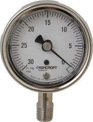 Ashcroft - 2-1/2" Dial, 1/4 Thread, 30-0 Scale Range, Pressure Gauge - Lower Connection Mount, Accurate to 1% of Scale - Exact Tool & Supply