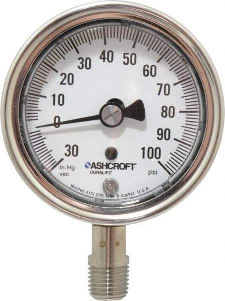 Ashcroft - 2-1/2" Dial, 1/4 Thread, 30-0-100 Scale Range, Pressure Gauge - Lower Connection Mount, Accurate to 1% of Scale - Exact Tool & Supply