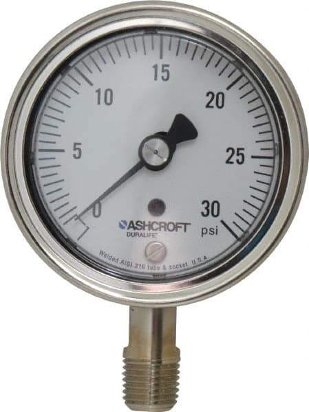 Ashcroft - 2-1/2" Dial, 1/4 Thread, 0-30 Scale Range, Pressure Gauge - Lower Connection Mount, Accurate to 1% of Scale - Exact Tool & Supply
