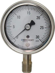Ashcroft - 2-1/2" Dial, 1/4 Thread, 0-30 Scale Range, Pressure Gauge - Lower Connection Mount, Accurate to 1% of Scale - Exact Tool & Supply