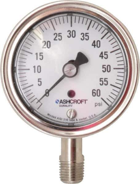 Ashcroft - 2-1/2" Dial, 1/4 Thread, 0-60 Scale Range, Pressure Gauge - Lower Connection Mount, Accurate to 1% of Scale - Exact Tool & Supply