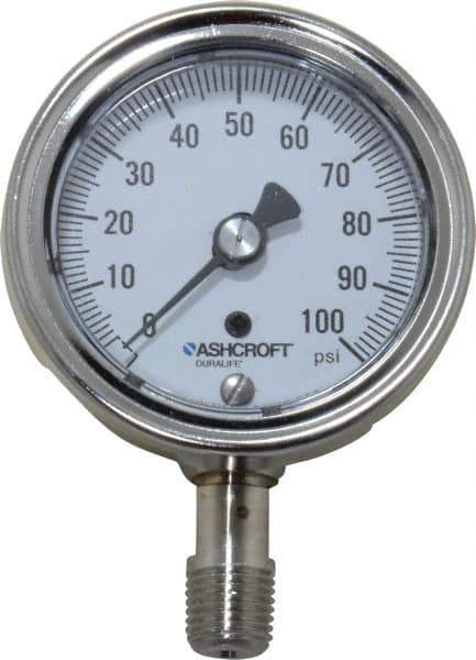 Ashcroft - 2-1/2" Dial, 1/4 Thread, 0-100 Scale Range, Pressure Gauge - Lower Connection Mount, Accurate to 1% of Scale - Exact Tool & Supply