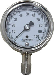 Ashcroft - 2-1/2" Dial, 1/4 Thread, 0-100 Scale Range, Pressure Gauge - Lower Connection Mount, Accurate to 1% of Scale - Exact Tool & Supply