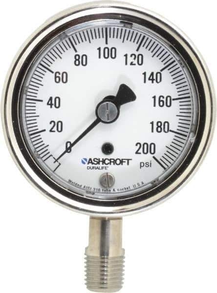 Ashcroft - 2-1/2" Dial, 1/4 Thread, 0-200 Scale Range, Pressure Gauge - Lower Connection Mount, Accurate to 1% of Scale - Exact Tool & Supply
