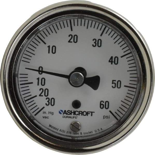 Ashcroft - 2-1/2" Dial, 1/4 Thread, 30-0-60 Scale Range, Pressure Gauge - Center Back Connection Mount, Accurate to 1% of Scale - Exact Tool & Supply