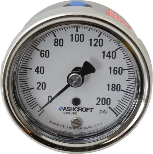 Ashcroft - 2-1/2" Dial, 1/4 Thread, 0-200 Scale Range, Pressure Gauge - Lower Back Connection Mount, Accurate to 1% of Scale - Exact Tool & Supply