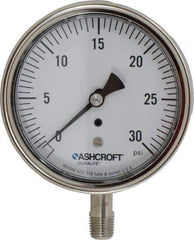 Ashcroft - 3-1/2" Dial, 1/4 Thread, 0-30 Scale Range, Pressure Gauge - Lower Connection Mount, Accurate to 1% of Scale - Exact Tool & Supply