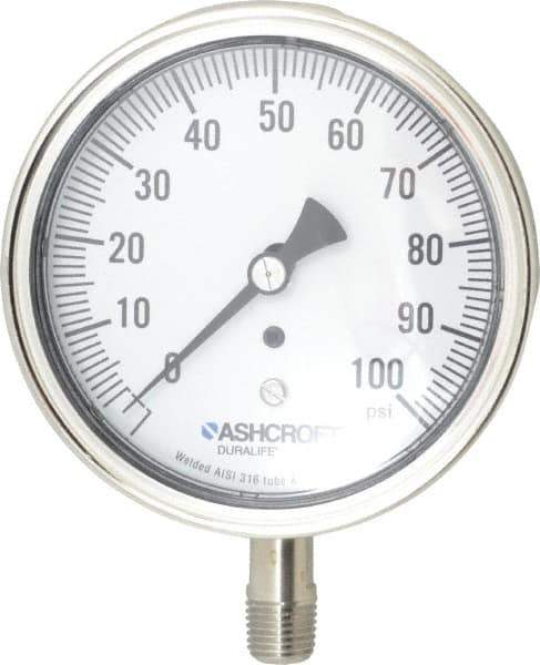 Ashcroft - 3-1/2" Dial, 1/4 Thread, 0-100 Scale Range, Pressure Gauge - Lower Connection Mount, Accurate to 1% of Scale - Exact Tool & Supply