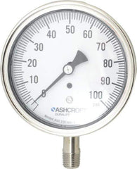 Ashcroft - 3-1/2" Dial, 1/4 Thread, 0-100 Scale Range, Pressure Gauge - Lower Connection Mount, Accurate to 1% of Scale - Exact Tool & Supply