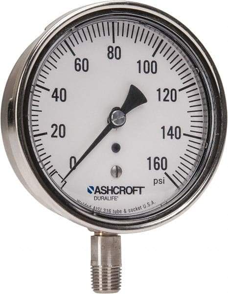 Ashcroft - 3-1/2" Dial, 1/4 Thread, 0-160 Scale Range, Pressure Gauge - Lower Connection Mount, Accurate to 1% of Scale - Exact Tool & Supply