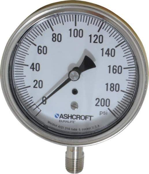 Ashcroft - 3-1/2" Dial, 1/4 Thread, 0-200 Scale Range, Pressure Gauge - Lower Connection Mount, Accurate to 1% of Scale - Exact Tool & Supply