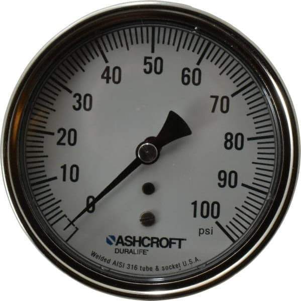 Ashcroft - 3-1/2" Dial, 1/4 Thread, 0-100 Scale Range, Pressure Gauge - Center Back Connection Mount, Accurate to 1% of Scale - Exact Tool & Supply