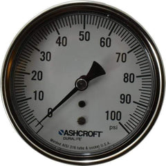 Ashcroft - 3-1/2" Dial, 1/4 Thread, 0-100 Scale Range, Pressure Gauge - Center Back Connection Mount, Accurate to 1% of Scale - Exact Tool & Supply