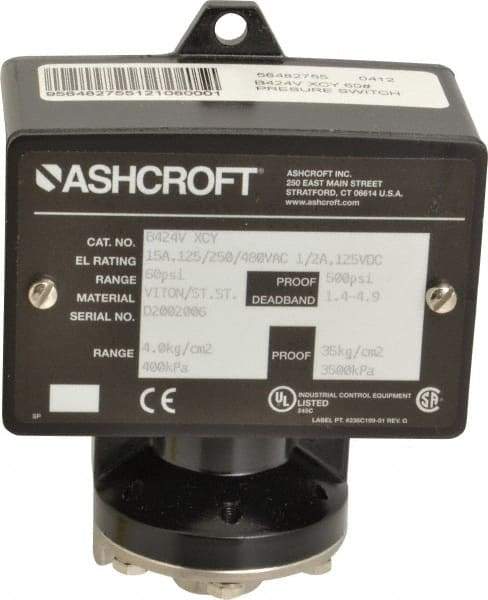 Ashcroft - 9 to 60 psi Adjustable Range, 500 Max psi, Watertight Single Setpoint - 1/4 Thread - Exact Tool & Supply