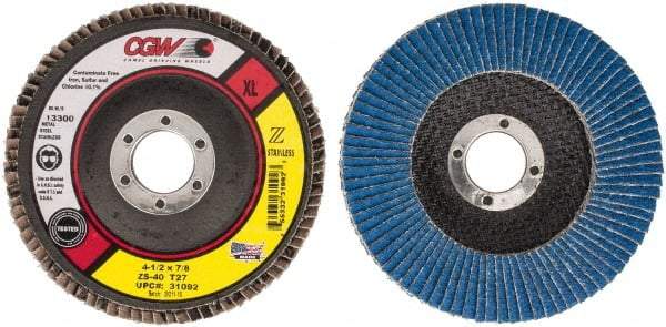 Camel Grinding Wheels - 40 Grit, 4-1/2" Disc Diam, 7/8" Center Hole, Type 27 Zirconia Alumina Flap Disc - 13,300 Max RPM, Polyester Backing, Arbor Attaching System, Coated - Exact Tool & Supply