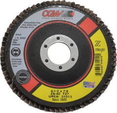 Camel Grinding Wheels - 40 Grit, 4-1/2" Disc Diam, 7/8" Center Hole, Type 27 Zirconia Alumina Flap Disc - 13,300 Max RPM, Polyester Backing, Arbor Attaching System, Coated - Exact Tool & Supply