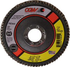 Camel Grinding Wheels - 60 Grit, 4-1/2" Disc Diam, 7/8" Center Hole, Type 27 Zirconia Alumina Flap Disc - 13,300 Max RPM, Polyester Backing, Arbor Attaching System, Coated - Exact Tool & Supply