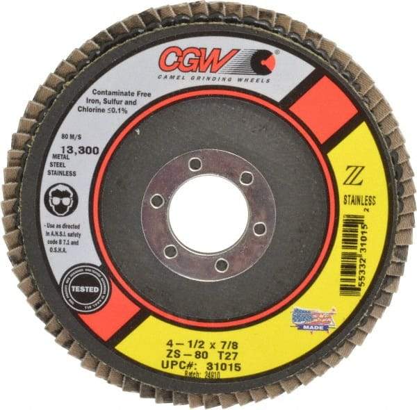 Camel Grinding Wheels - 80 Grit, 4-1/2" Disc Diam, 7/8" Center Hole, Type 27 Zirconia Alumina Flap Disc - 13,300 Max RPM, Polyester Backing, Arbor Attaching System, Coated - Exact Tool & Supply