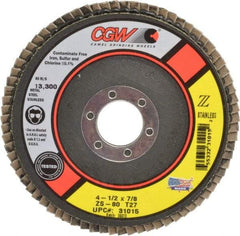 Camel Grinding Wheels - 80 Grit, 4-1/2" Disc Diam, 7/8" Center Hole, Type 27 Zirconia Alumina Flap Disc - 13,300 Max RPM, Polyester Backing, Arbor Attaching System, Coated - Exact Tool & Supply