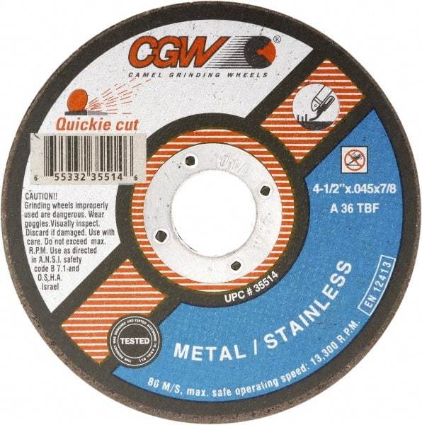 Camel Grinding Wheels - 7" 36 Grit Aluminum Oxide Cutoff Wheel - 1/16" Thick, 7/8" Arbor, 8,500 Max RPM - Exact Tool & Supply