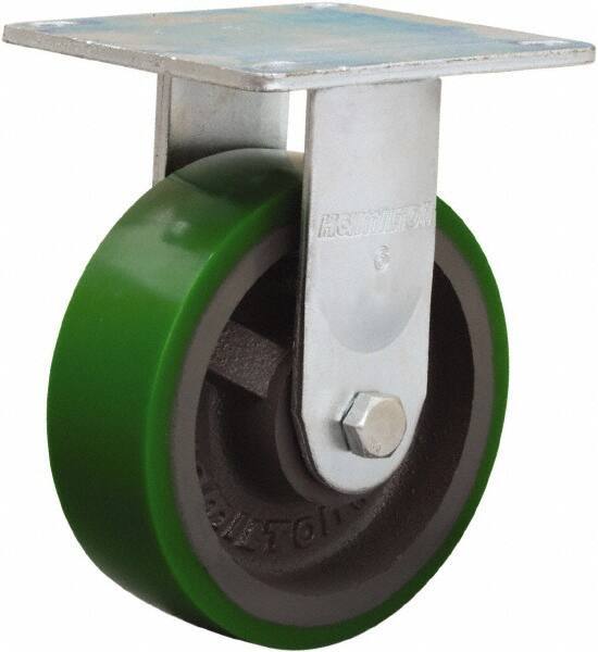 Hamilton - 6" Diam x 2" Wide x 7-1/2" OAH Top Plate Mount Rigid Caster - Polyurethane Mold onto Cast Iron Center, 900 Lb Capacity, Sealed Precision Ball Bearing, 5 x 5-1/2" Plate - Exact Tool & Supply