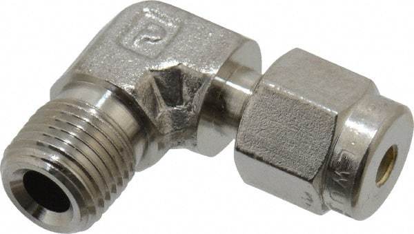 Parker - 1/8" OD, Stainless Steel Male Elbow - -425 to 1,200°F, 7/16" Hex, Comp x MNPT Ends - Exact Tool & Supply
