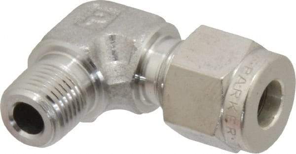Parker - 1/4" OD, Stainless Steel Male Elbow - -425 to 1,200°F, 1/2" Hex, Comp x MNPT Ends - Exact Tool & Supply