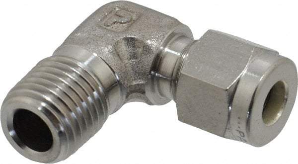 Parker - 1/4" OD, Stainless Steel Male Elbow - 0 to 1,200°F, 9/16" Hex, Comp x MNPT Ends - Exact Tool & Supply