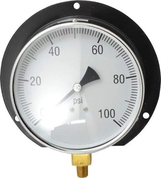 Value Collection - 6" Dial, 1/4 Thread, 0-100 Scale Range, Pressure Gauge - Lower Connection, Rear Flange Connection Mount, Accurate to 3-2-3% of Scale - Exact Tool & Supply
