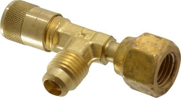 Parker - 500 Max psi, 1/4 Tube OD, Forged Flared Female Run Swivel Tee with Depressor Access Valve - Brass - Exact Tool & Supply