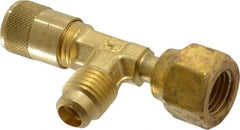 Parker - 500 Max psi, 1/4 Tube OD, Forged Flared Female Run Swivel Tee with Depressor Access Valve - Brass - Exact Tool & Supply