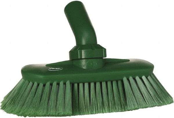 Vikan - 1-1/2" Bristle Length, Polyester Wash Brush - 7-3/4" Long x 3" Wide Head, 8" OAL, European Threaded Handle, Green, Polypropylene Block, Flagged - Exact Tool & Supply