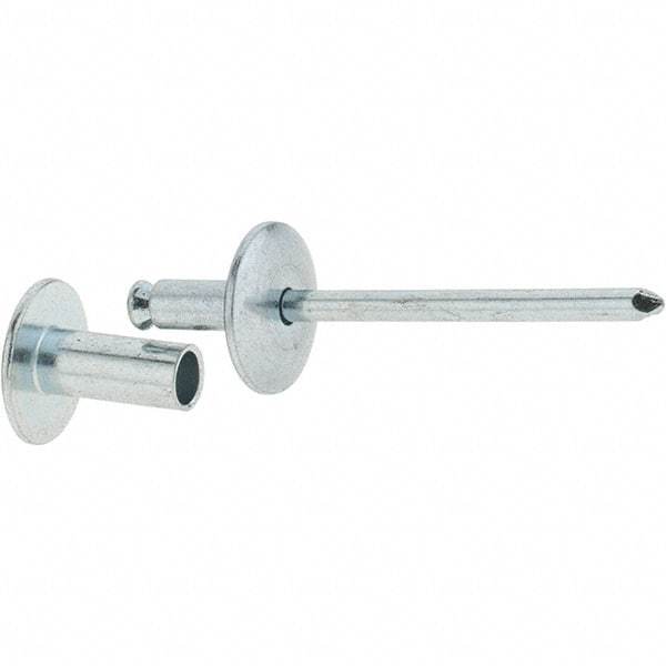 RivetKing - Size 8-12 Dome Head Steel Flush on Both Sides Blind Rivet - Steel Mandrel, 5/8" to 3/4" Grip, 5/8" Head Diam, 0.255" Min Hole Diam, 0.58" Length Under Head, 1/4" Body Diam - Exact Tool & Supply