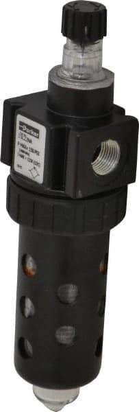 Parker - 3/8" NPT, 150 Max psi Compact Micro Mist Lubricator - Polycarbonate Bowl with Sight Glass, Zinc Body, 40 CFM, 125°F Max Temp, 2" Wide x 7.38" High - Exact Tool & Supply