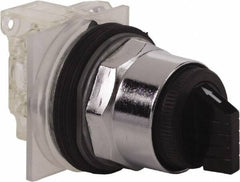 Schneider Electric - 1.18 Inch Mount Hole, 3 Position, Knob and Pushbutton Operated, Selector Switch - Black, Momentary (MO), NO/NC, Weatherproof and Dust and Oil Resistant - Exact Tool & Supply