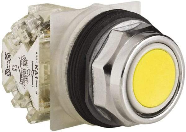 Schneider Electric - 30mm Mount Hole, Extended Straight, Pushbutton Switch with Contact Block - Yellow Pushbutton, Momentary (MO) - Exact Tool & Supply