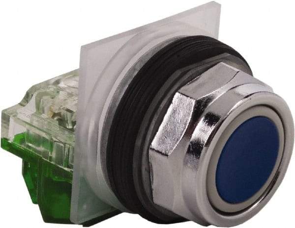 Schneider Electric - 30mm Mount Hole, Extended Straight, Pushbutton Switch with Contact Block - Blue Pushbutton, Momentary (MO) - Exact Tool & Supply