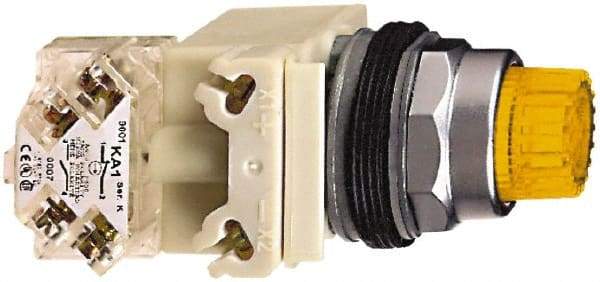 Schneider Electric - 1.22 Inch Mount Hole, Extended Mushroom Head, Pushbutton Switch with Contact Block - Round, Amber Pushbutton, Illuminated, Momentary (MO), Dusttight, Oiltight, Watertight and Shock and Vibration Resistant - Exact Tool & Supply