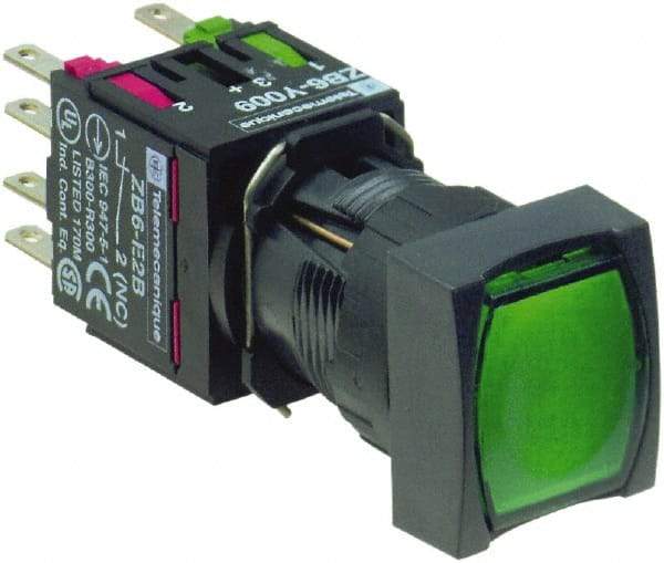 Schneider Electric - 16mm Mount Hole, Flush, Pushbutton Switch with Contact Block - Square, Green Pushbutton, Illuminated, Momentary (MO) - Exact Tool & Supply