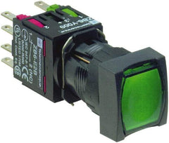 Schneider Electric - 16mm Mount Hole, Flush, Pushbutton Switch with Contact Block - Square, Green Pushbutton, Illuminated, Momentary (MO) - Exact Tool & Supply