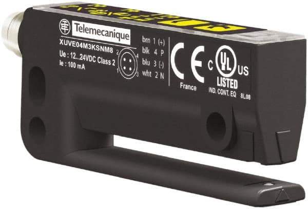 Telemecanique Sensors - 4 Pin M8 Connector, 3mm Nominal Distance, Shock and Vibration Resistant, Through Beam Photoelectric Sensor - 12 to 24 VDC, 10 kHz, Polyamide, 64mm Long x 10mm Wide x 25mm High - Exact Tool & Supply