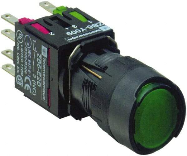 Schneider Electric - 16mm Mount Hole, Flush, Pushbutton Switch with Contact Block - Round, Green Pushbutton, Illuminated, Momentary (MO) - Exact Tool & Supply