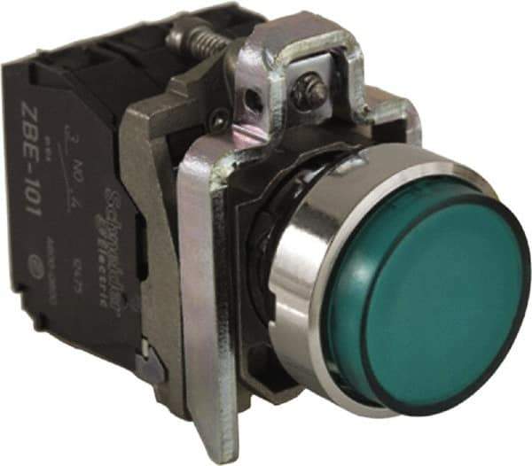 Schneider Electric - 0.87 Inch Mount Hole, Extended Straight, Pushbutton Switch - Round, Green Pushbutton, Illuminated, Momentary (MO), Anticorrosive, Dust Resistant and Vaportight - Exact Tool & Supply